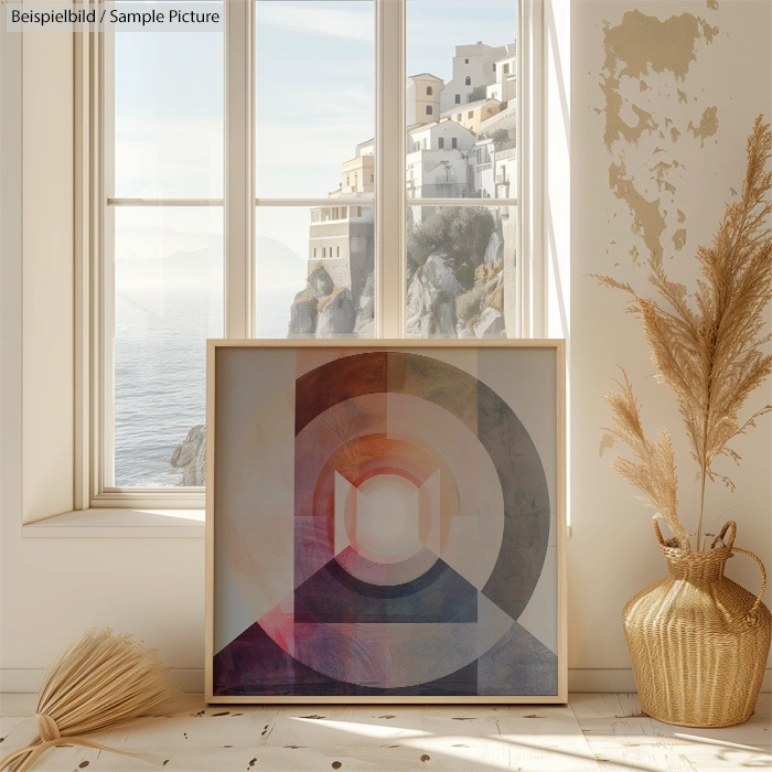 Framed abstract geometric art in sunlit room with large window, ocean view, dried plants, and coastal buildings.