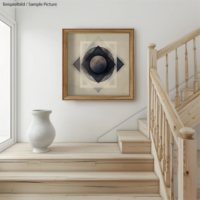 Wooden staircase with a modern geometric framed artwork and a large white vase on the step.