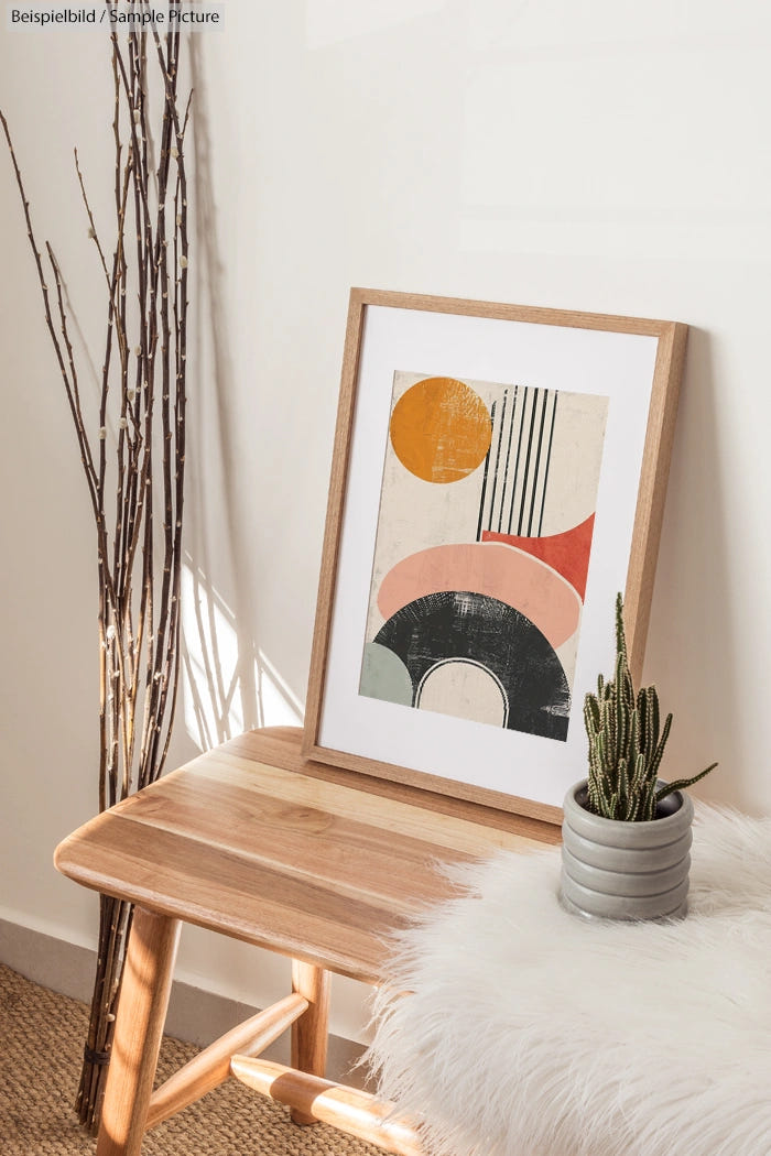 Framed abstract art on wooden bench, next to potted cactus and thin twigs against a white wall.