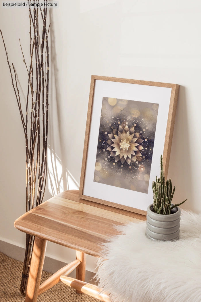 Framed artwork with abstract floral design on a wooden bench next to a potted cactus and dried branches.