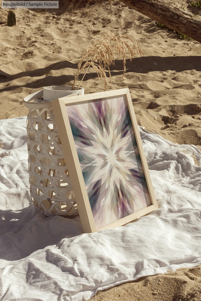 Framed abstract artwork with soft colors on a sandy beach, placed on a white cloth next to a decorative lantern.