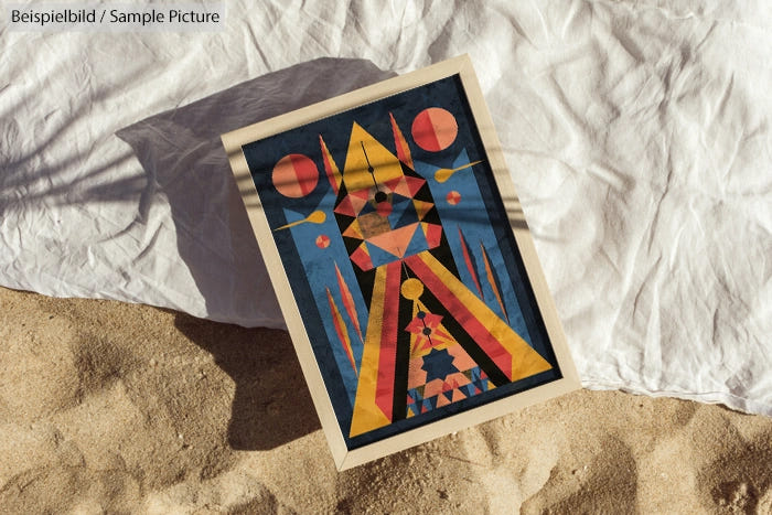 Geometric abstract artwork with triangles and circles in warm colors on a sandy surface.