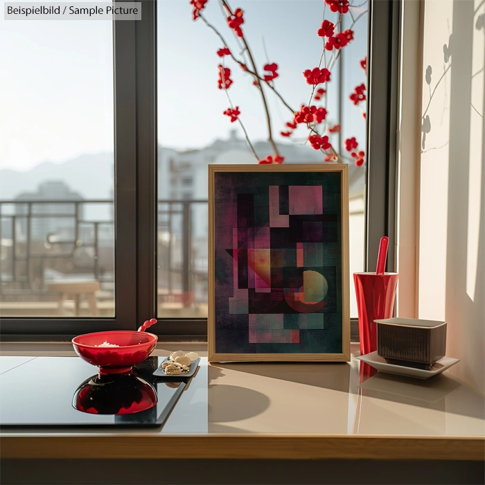 Modern kitchen with abstract art, red utensils, and city view through large window with red flowers outside.