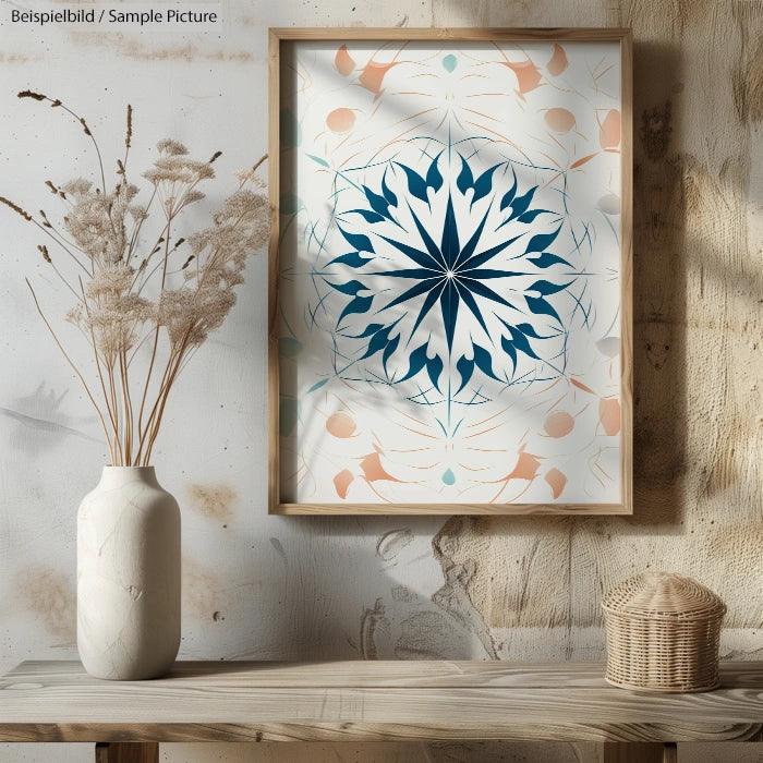 Framed abstract artwork with blue floral pattern on wall, next to vase with dried flowers and wicker basket.