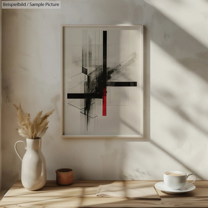 Minimalist interior with abstract black and red geometric painting, beige vase with pampas grass, and a cup on a table.