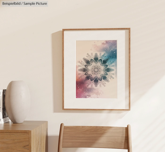 Framed mandala artwork with pastel watercolors on a beige wall, next to a white vase on a wooden table.