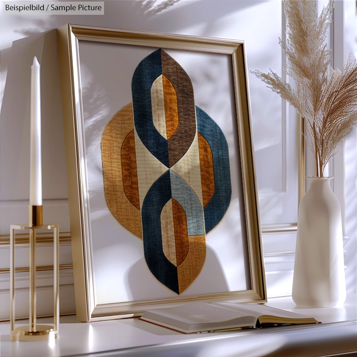 Framed abstract geometric artwork with layered shapes, displayed on white mantel with pampas grass and modern decor.