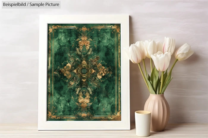 Framed ornate green and gold artwork on shelf with white tulips and a small candle, against a neutral wall.