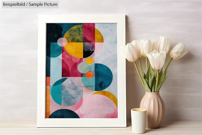 Framed abstract artwork with colorful geometric shapes beside a vase of white tulips on a light table.