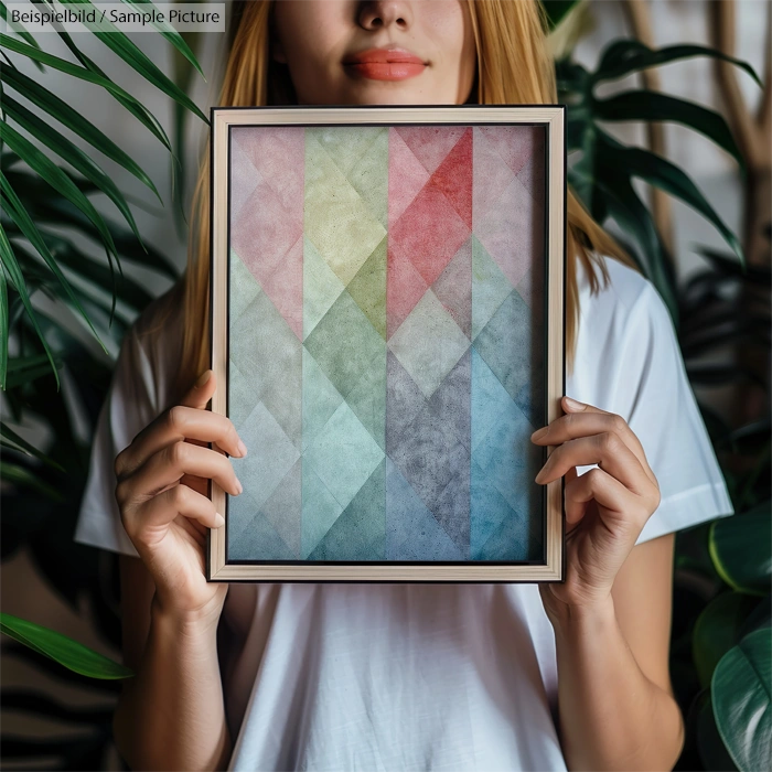 Person holding framed abstract geometric artwork with pastel color triangles, surrounded by plants.