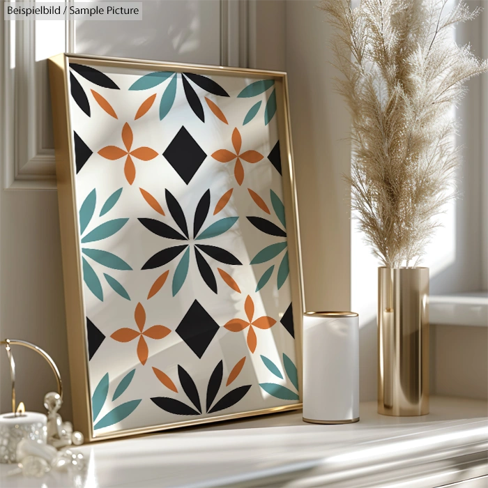 Framed geometric art print with orange, blue, and black floral patterns; placed on a white windowsill with vases.