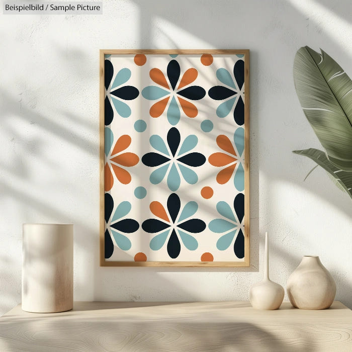 Modern geometric art with floral patterns in blue, orange, and black tones, framed and displayed on a minimalist shelf.