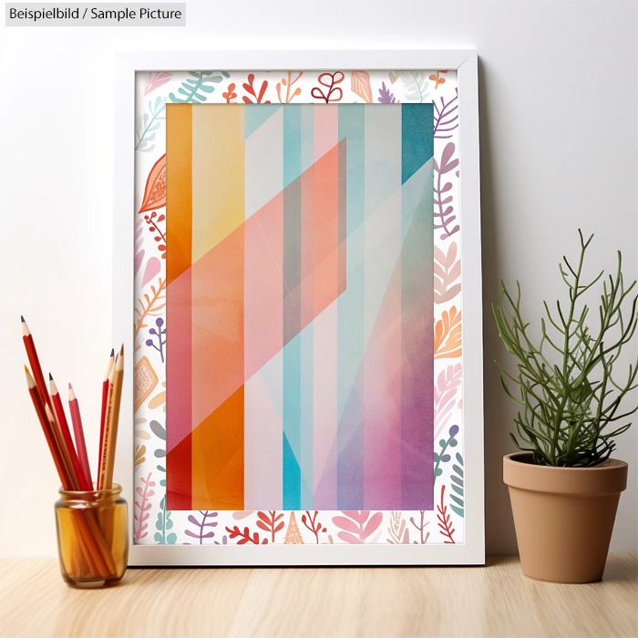 Framed geometric artwork on table beside a plant pot and colored pencils in a jar.