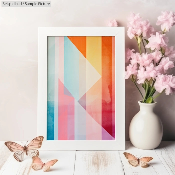 Framed abstract art with pastel shapes beside a vase of pink flowers and butterflies on a white table.