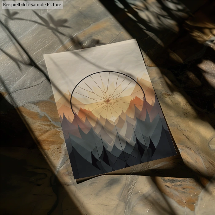 Abstract mountain artwork with circular gradient, placed on a textured surface with shadow play.