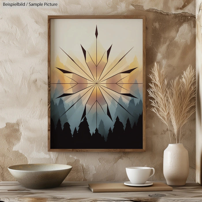 Framed abstract art with geometric starburst over a mountain silhouette, displayed on a textured wall with a vase and bowl.