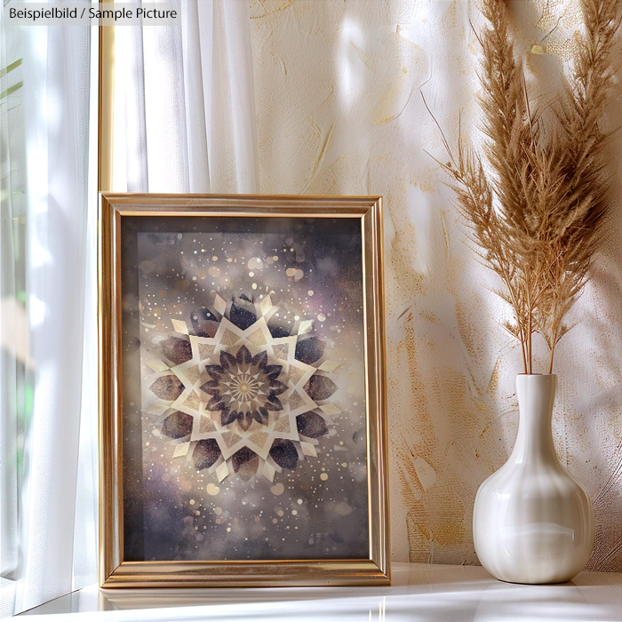 Framed mandala artwork with star design and floral motifs, placed on a table beside a white vase with brown pampas grass.