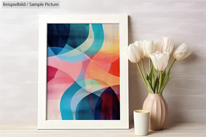 Framed abstract painting with colorful swirls next to a vase of white tulips on a table.