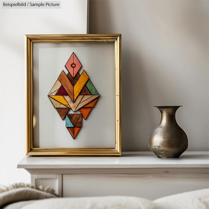 Geometric wooden art in gold frame on a mantel next to a bronze vase.