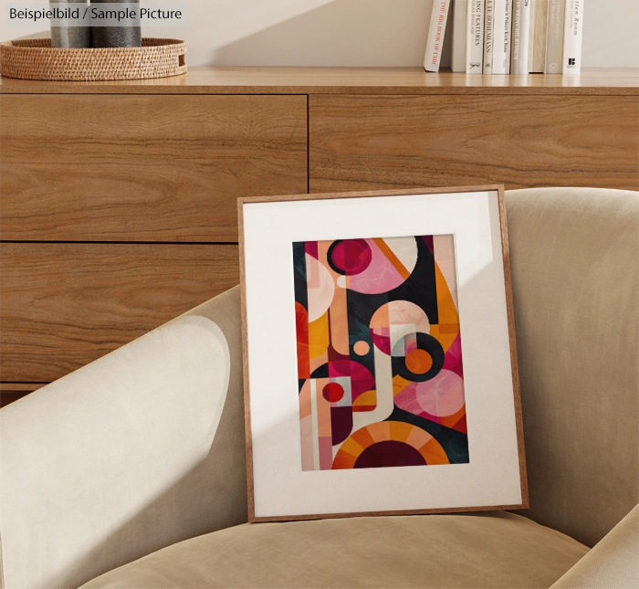 Framed abstract artwork with geometric patterns and warm colors, displayed on a beige armchair with wooden furniture background.