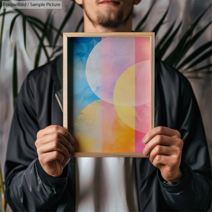 Person holding a framed abstract art piece with colorful circular patterns and a gradient background.