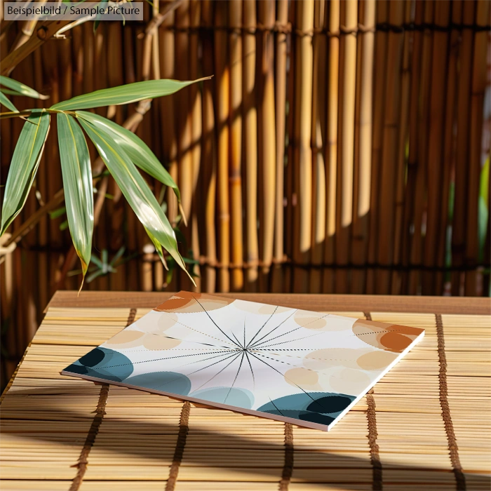 Modern art print with abstract design on bamboo mat against a bamboo backdrop and greenery.