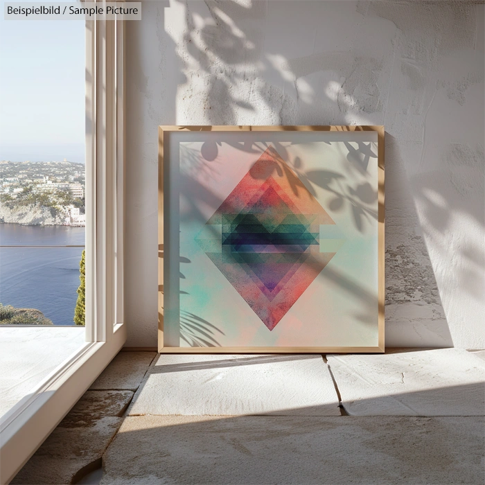 Framed abstract art with geometric shapes in a sunlit room next to a large window, overlooking a coastal view.