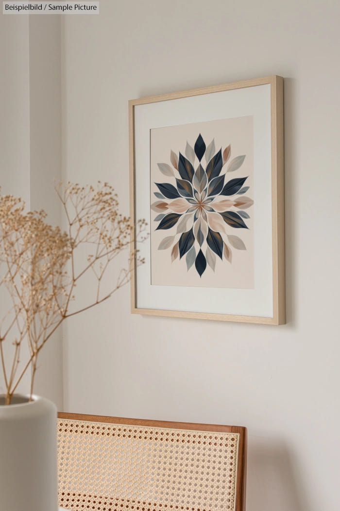 Framed geometric floral artwork on white wall above a woven chair; vase with dried branches in the foreground.