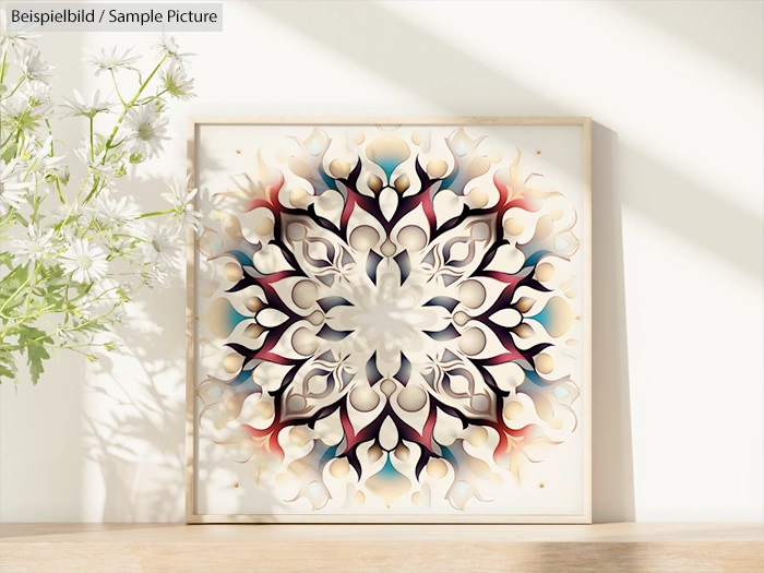 Framed abstract mandala art on a sunlit wall beside a potted plant.