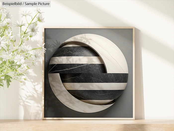 Modern abstract artwork with layered black and white circular designs in a wooden frame, next to a vase with white flowers.