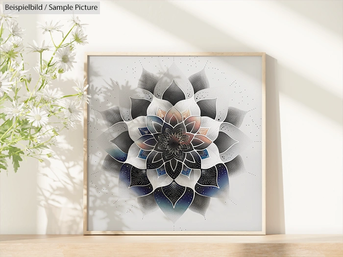 Framed geometric mandala art with gradient petals, displayed on a wooden shelf beside a plant.