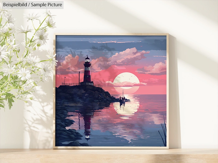 Framed artwork of a lighthouse at sunset, reflecting on calm ocean water, with pink and purple clouds in the sky.