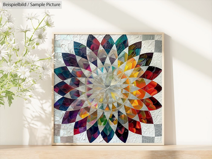 Framed colorful geometric flower art on a table beside a vase with white flowers, lit by natural sunlight.