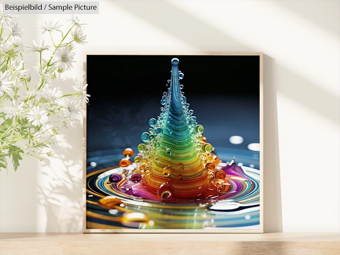 Colorful digital art of water splash forming a vibrant rainbow-colored cone with bubbles on a dark background.