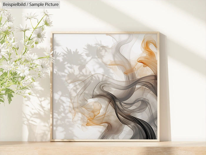 Framed abstract art with smoky black and orange swirls, placed on a wooden shelf with white flowers.