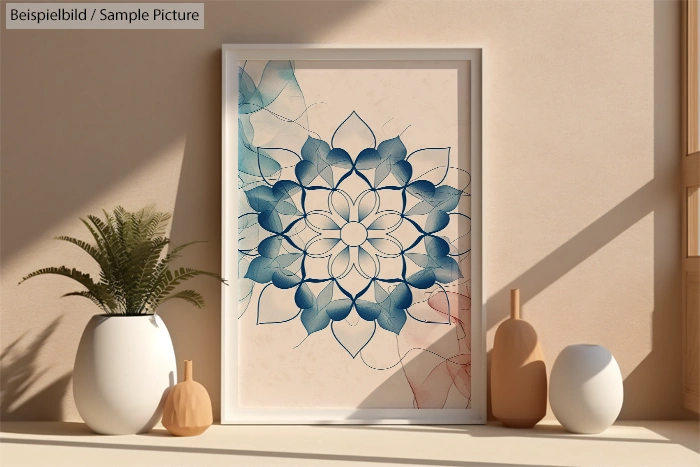 Framed geometric floral artwork in a modern room, beside a potted plant and wooden vases, with sunlight casting shadows.