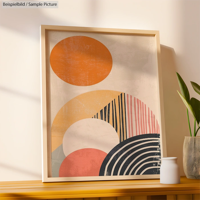 Framed abstract art with orange circles, striped arches, on a sunny wooden shelf next to a potted plant.