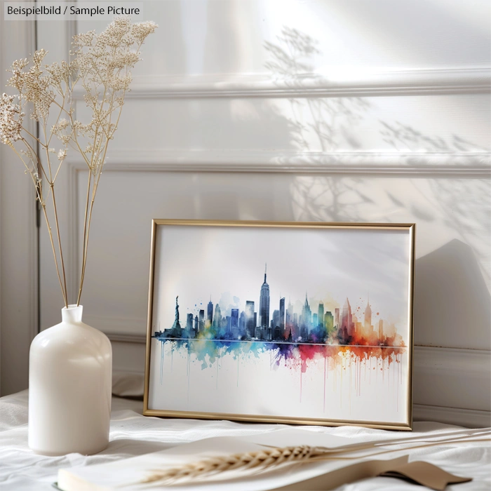 Framed watercolor illustration of a city skyline with vase and dried flowers in a softly lit room.