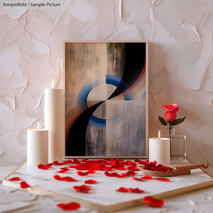 Abstract art with blue and black curves surrounded by candles, rose petals, and a rose in a vase on a white textured background.