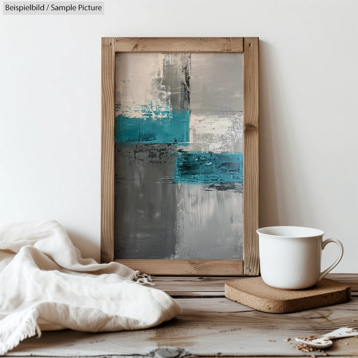 Framed abstract painting with blue and gray tones, beside a white cup on a wooden table.