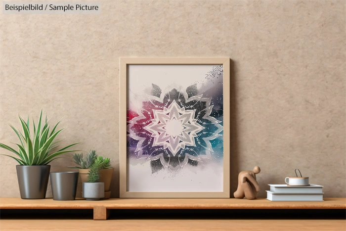 Framed geometric artwork on a wooden shelf with plants, books, and a small sculpture.