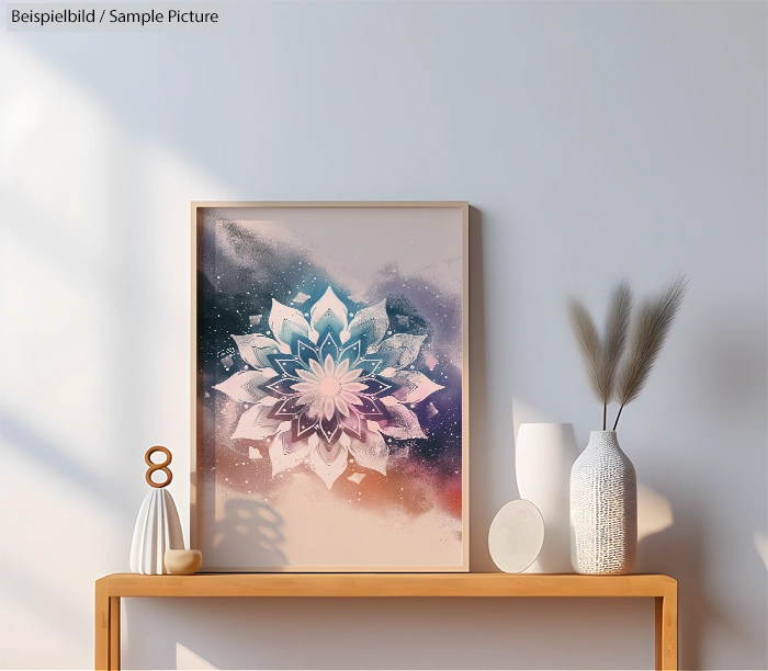 Framed abstract flower artwork on a wall shelf with vases and decorative objects in neutral tones.