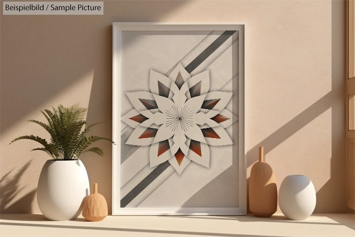 Modern geometric artwork in a frame on a wall with decorative pottery and a plant nearby.