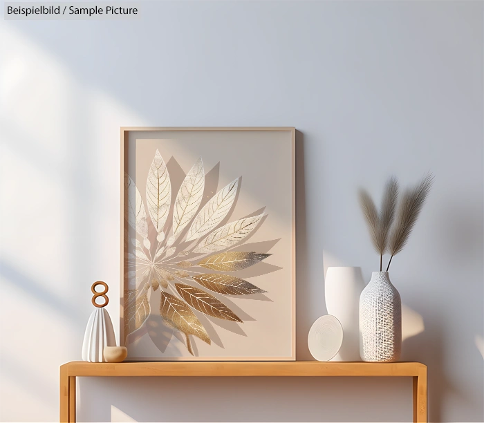 Decorative framed leaf art on shelf with vases, dried plants, and minimal decor on a light wall.