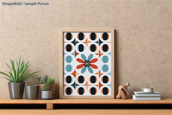 Modern art print with geometric patterns in orange, blue, and black on a desk with small potted plants and decor items.