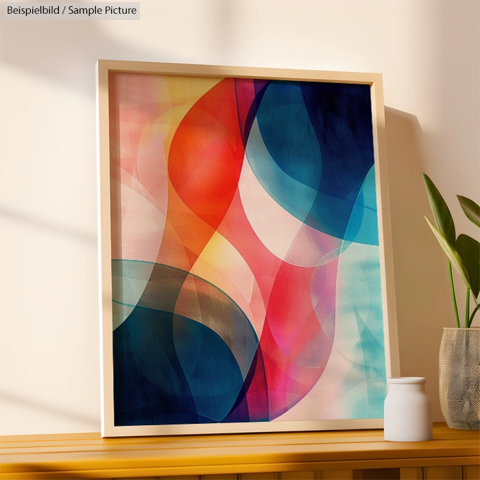 Framed abstract painting of colorful curves in red, blue, pink on a wall next to a potted plant.