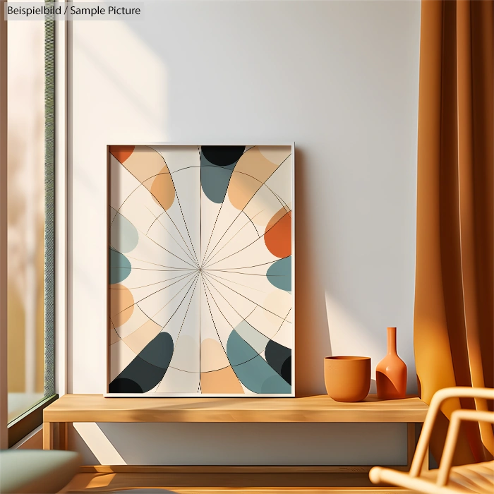 Modern abstract art with colorful geometric shapes on canvas, displayed on a wooden shelf in a sunlit room.