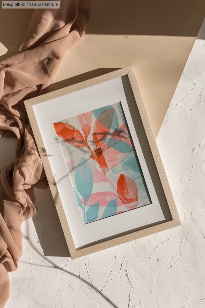 Framed abstract art with red and teal leaf motifs, shadows play across textured white and beige background.