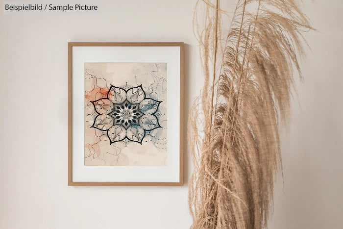 Framed mandala art on a beige wall with dried pampas grass decor on the side.