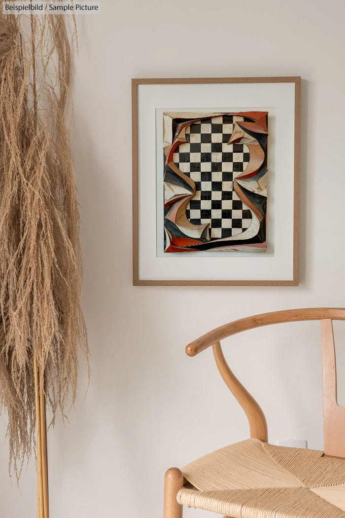 Framed abstract artwork with checkered pattern on wall above a wooden chair and straw plant in a minimalist room.